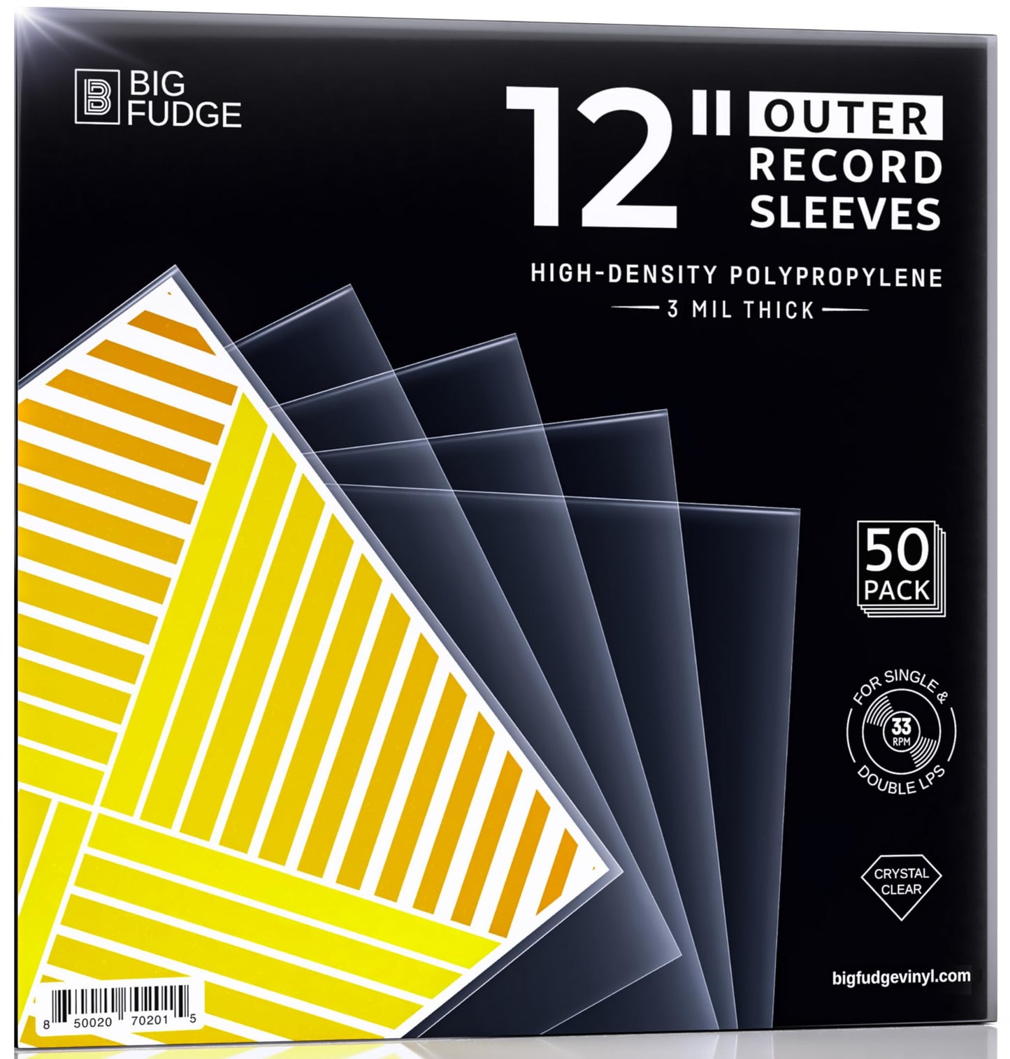 Big Fudge Vinyl Record Sleeves 50 x 12 LP - Durable & Wrinkle-Free Vinyl Outer Sleeves - Crystal Clear High-Density Polypropylene - 3 mil Thick, 12.75” x 12.75” - Fits Most Gatefolds Double LPs