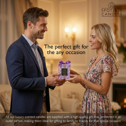 Lavender Candle; 9.7 oz:, 55 Hrs Burn Time, Soy Wax Purple Frosted Jar with Crackling Wooden Wick & Luxury Gift Box: Lavender Scented Candle by Spotless Candles