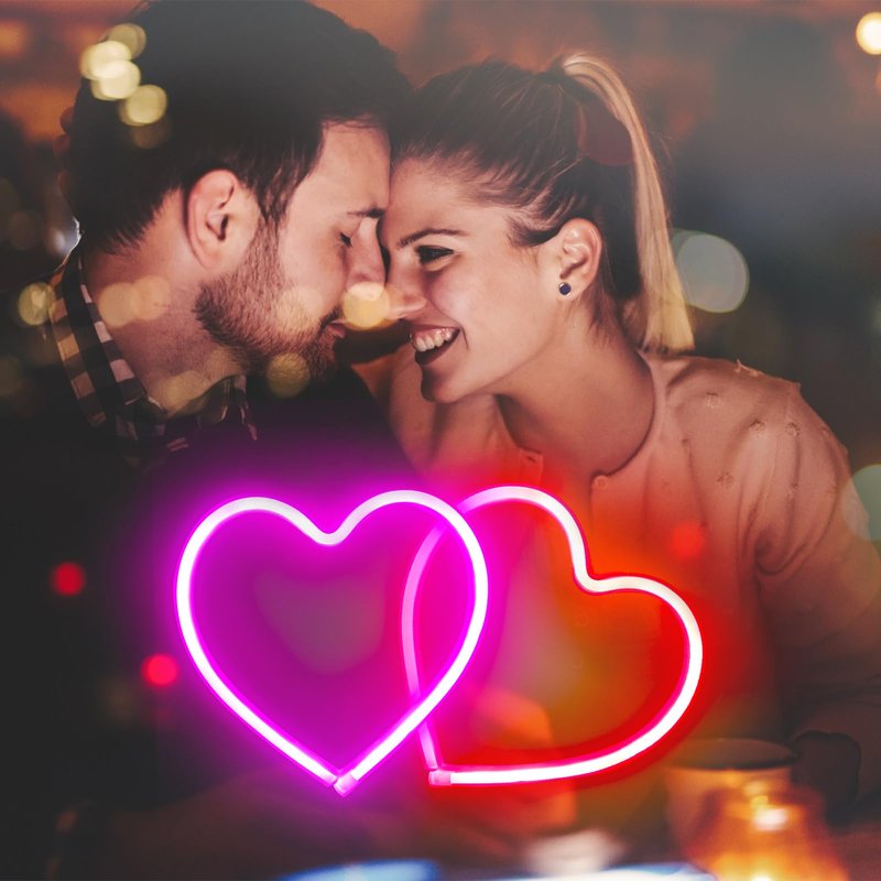 2-Pack Heart Neon Sign, Neon Heart Lights Battery Operated or USB Powered for Valentines Day Decorations, Valentines Lights for Wedding Proposal Anniversary Mothers Day Girls’ Room Decor (Pink & Red)