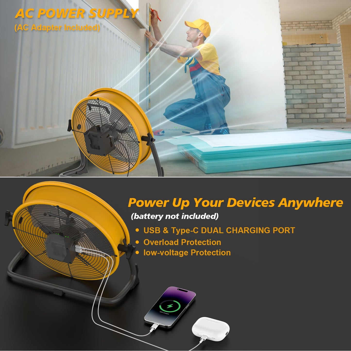 16" Battery Operated Floor Fan Compatible with Dewalt 20V Max Battery, Portable Fan with AC Adapter and USB Output, Metal Industrial High Velocity, Stepless Speed Cordless Fan for Jobsite Camping