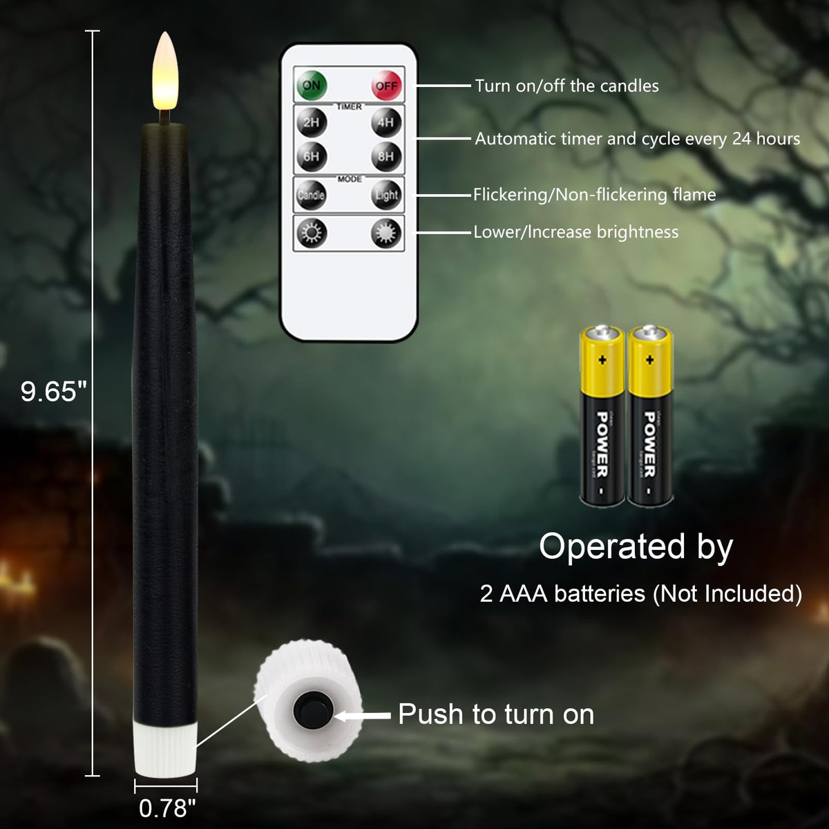 GenSwin Black Flameless Taper Candles with Remote, Halloween Flameless Candles Flickering Battery Operated, Real Wax LED Halloween Candlesticks with 3D Wick for Home Decor(Set of 3, 0.78” x 9.65”)