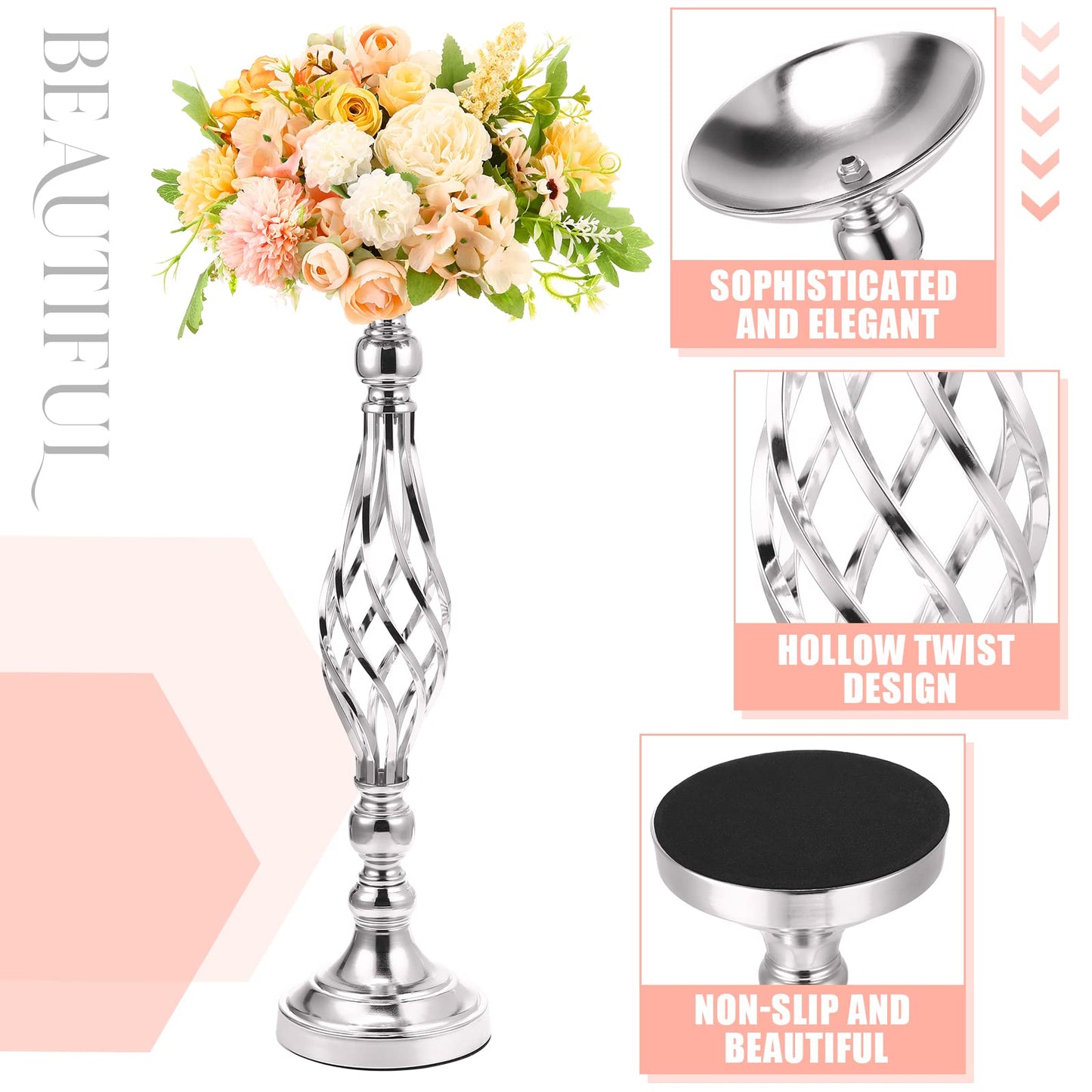 Rtteri 20 Pcs Metal Flower Arrangement Stand Wedding Flower Centerpieces Stand Elegant Metal Vase Candelabra Candle Holder for Wedding Reception Table Decor Party Hotel Home Decor (Silver,Medium)