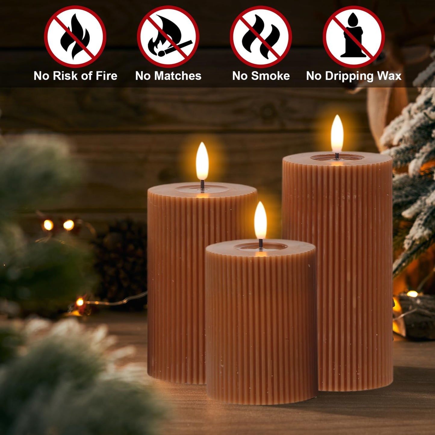 DRomance Battery Operated Flameless Candles with 6 Hour Timer 3 Pack Real Wax Vertical Stripe 3D Wick Flickering LED Pillar Candles Dinner Wedding Christmas Holiday Decor(Brown, 3" D x 5", 6", 7" H)