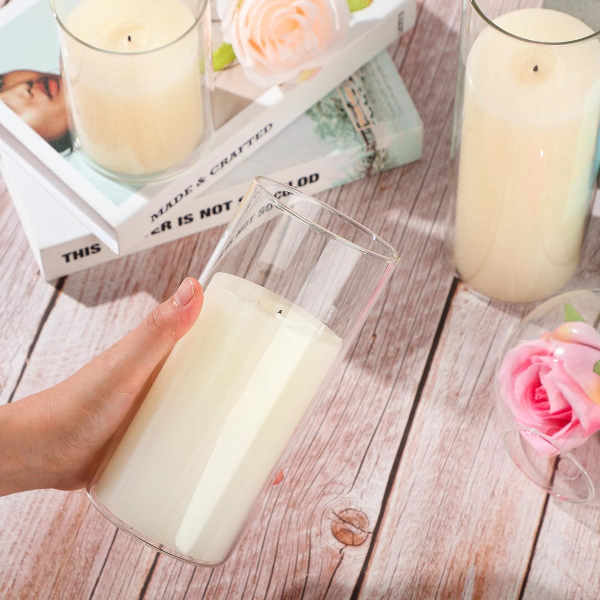 Shihanee Set of 3 Pillar Candles and 3 Glass Cylinder Candle Vases Holders Clear Pillar Jars for Wedding Centerpieces(3'' x 5.9'', 7.9'', 9.8'',Ivory White)