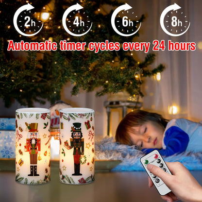 Lasumora Christmas Nutcracker Flameless Pillar Candles with Remote Timer, LED Candles in Real Wax Holder, Battery Operated Candle for Christmas Décor Indoor Xmas Gifts(2 Pack, 3” x 6”)
