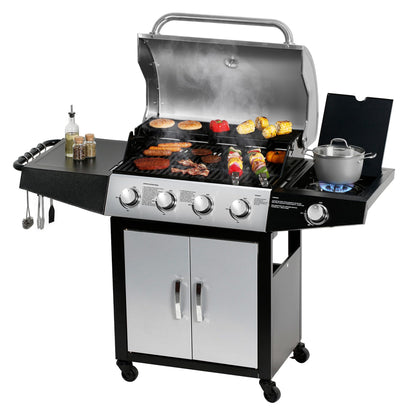 MASTER COOK 4+1 Burners Gas Grill, 518 Sqin Cooking Area, 52,000 BTU Propane Grill with Side Burner, Stainless Steel Cabinet Grill, Silver & Black