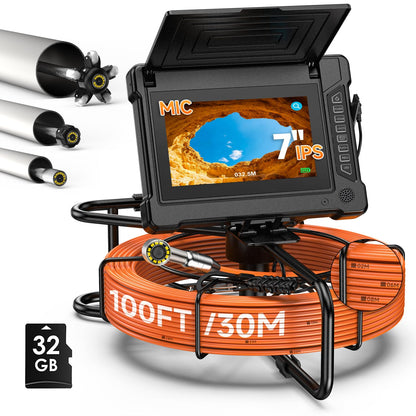 Oiiwak Sewer Camera 100ft, Drain Pipe Inspection Camera with 7" IPS HD Screen, DVR & Audio Recorder Industrial Borescope Camera for Plumbing Drain Pipe Inspection, IP68 Waterproof, 32GB Card, 12 LEDs