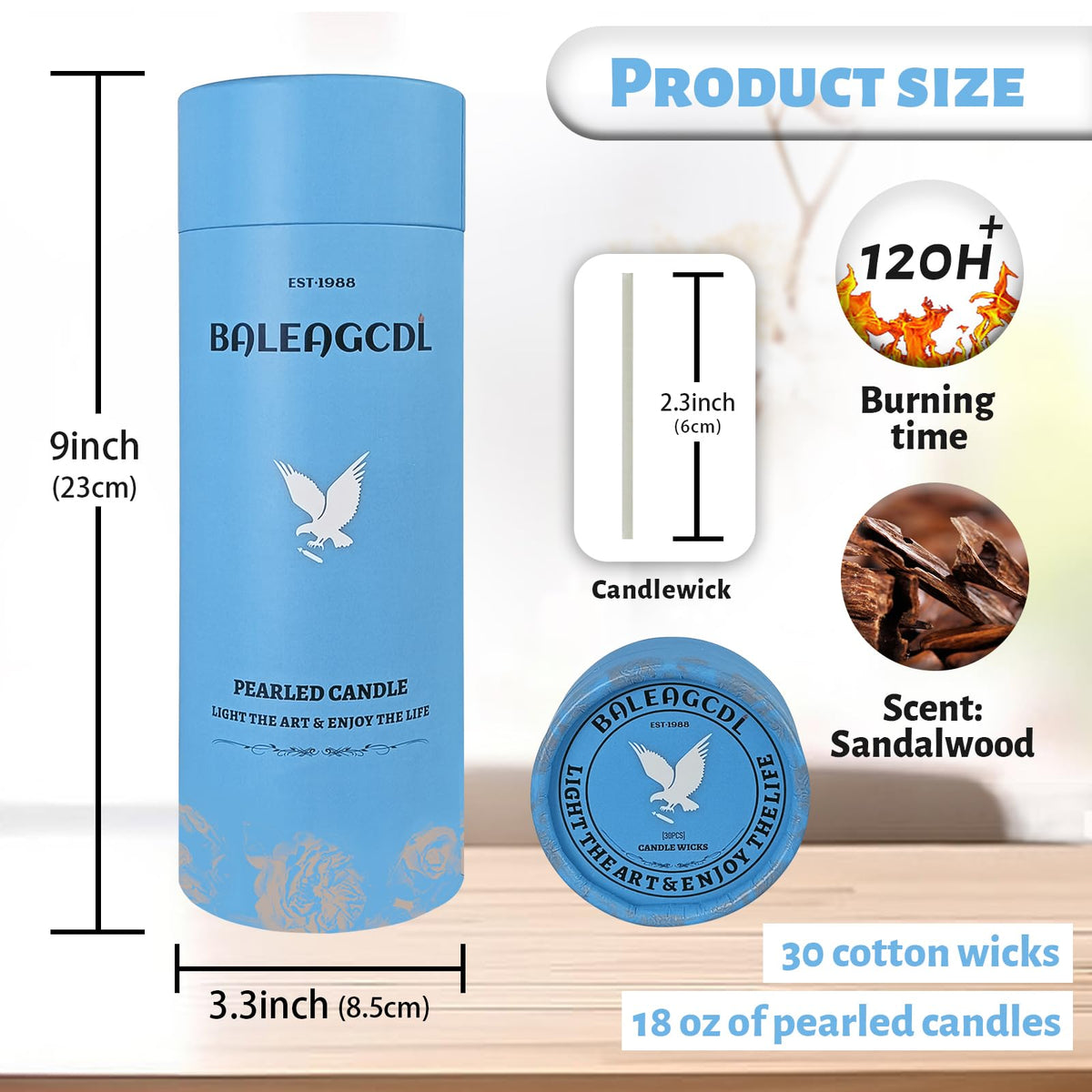 Sandalwood Scented Black Pearled Candle 18oz Luxury Sand Candle Granulated Wax - 30 Cotton Wicks – Wax for Candle Making Decorative Candles Smooth and Clean Burning Lasts up to 120 Hours