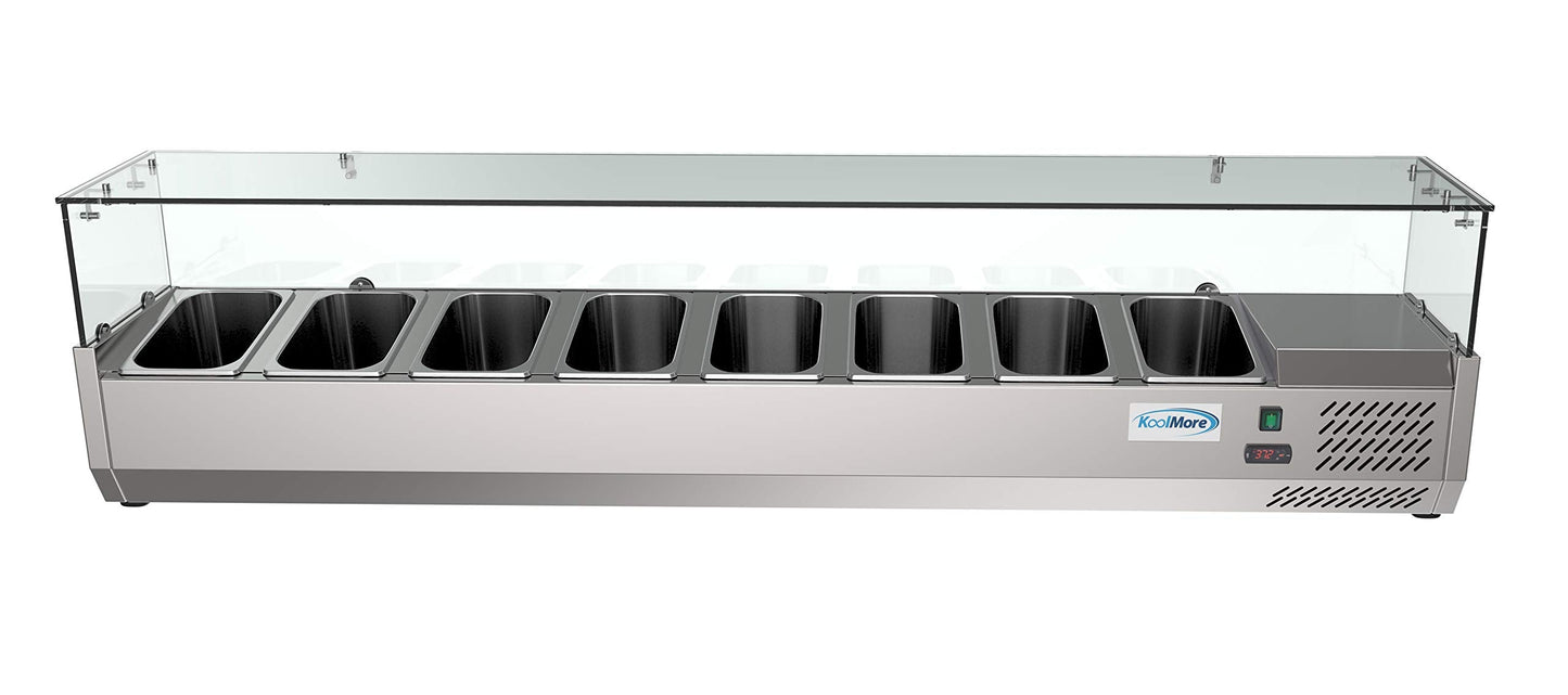 KoolMore SDC-8P-SG Condiment Prep Rail Station with Sneeze Guard, 71 Inch, Silver