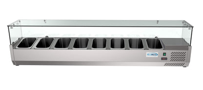KoolMore SDC-8P-SG Condiment Prep Rail Station with Sneeze Guard, 71 Inch, Silver