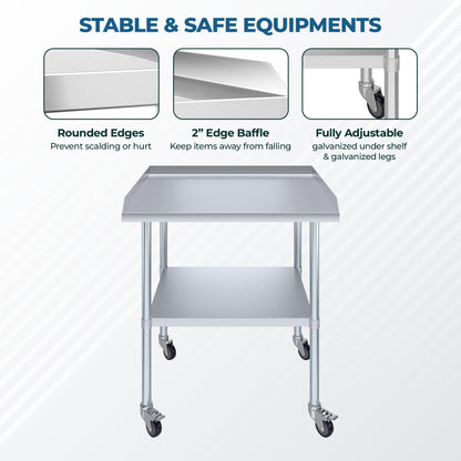 Stainless Steel Rolling Working Equipment Grill Table Stand 30 x 48 with Wheels