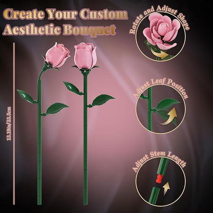 Pink Rose Building Flower Bouquet Set for Adults Compatible with Lego Flowers Artificial Plant Home Decor Creative DIY Building Toys Romantic Gifts for Her Birthday Valentine's Day Mother's Day