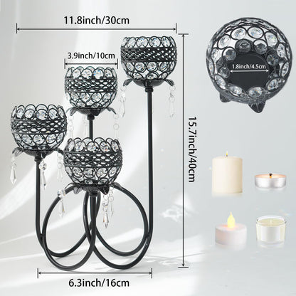 4 Arms Crystal Candelabra Tealight Holder - Tall 15.7 Inch Elegant Centerpiece with Crystal Pendant Bowls & Artistic Metal Stand for Wedding, Dining Table, Home Decor (4, Black)