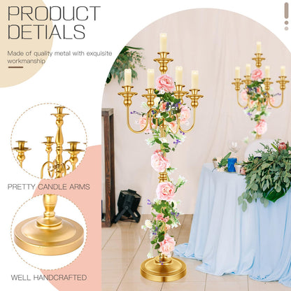 2 Pcs Gold Wedding Floor Candelabra 50 Inch Antique Led Candle Stand Metal 5 Arm Candelabra Centerpiece Decoration for 5 Candlesticks Bridal Shower Christmas Aisle Event Birthday Party Ceremony Home