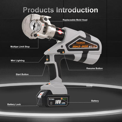 TOORGO Electric Cable Lug Crimper, Battery Powered Hydraulic Crimping Tool with 12 Dies, 6 Ton 8 AWG to 600 MCM Electric Wire Plier, Grey