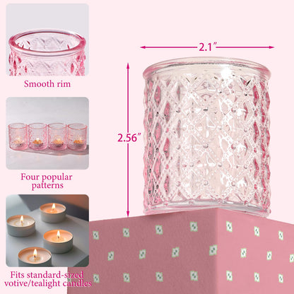 LETINE Set of 16 Pink Votive Candle Holders, Glass Tea Light Candle Holder with 4 Retro & Floral Patterns, Decorative Candle Holders for Parties, Spring Summer Wedding Table Centerpieces & Home Decor