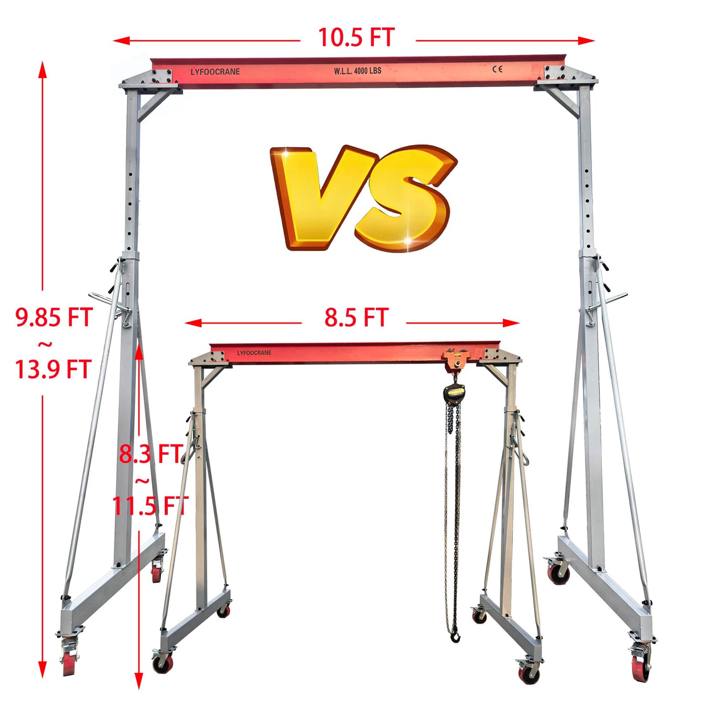 Width 10.5 FT Adjustable Gantry Crane 4000 LB Capacity, Height Adjustable Gantry 9.85 FT ~ 10FT ~ 12 FT~12.5 FT~13.90 FT, Portable Gantry Hoist 2T, Garage Crane with Hoist and Rigging Kit (10.5 FT)