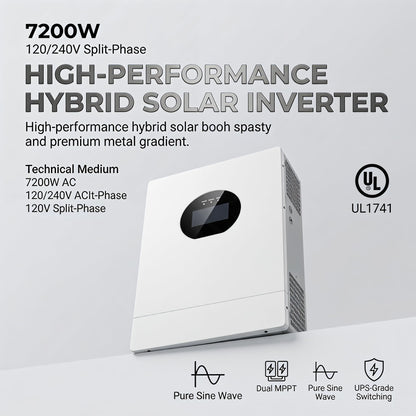 7200W Split-Phase Hybrid Solar Inverter, 120V/240V, 150A Dual MPPT, 48V Battery, UL Certified for Home Backup