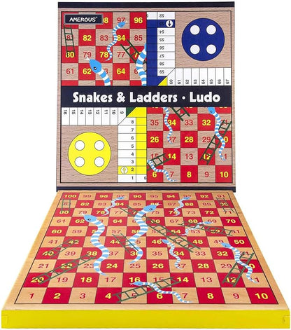 AMEROUS 12 inches Wooden Ludo Board Game - Snakes and Ladders 2 in 1 Reversible 1-4 Players Family Dice Games Set for Kids Adults Classics Tabletop Version (Gift Box Packed)