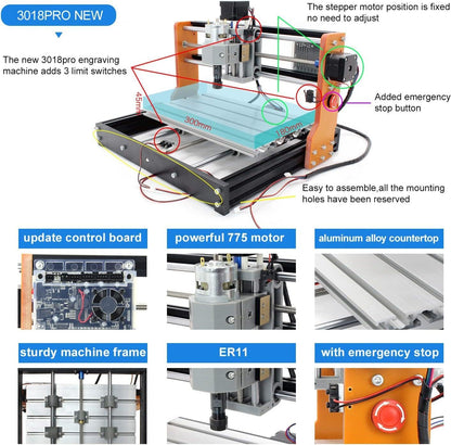 CNCTOPBAOS Upgrade 3018-PRO CNC Router Kit,with GRBL Offline Controller,with 3 Axis Limit Switches,Emergency Stop,DIY Mini Desktop Cutting Wood Acrylic PVC PCB Engraving Milling Machine