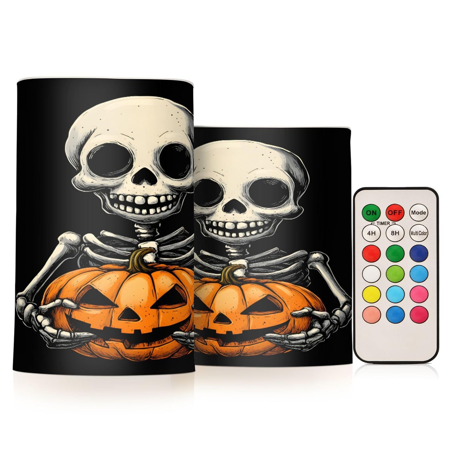 ALAZA Halloween Skeleton Skull Pumpkin Flickering Flameless Candles Battery Operated with Remote Timer,Tea Light Candles LED Pillar Votive Candles Set of 2 for Outdoor Indoor Decorations