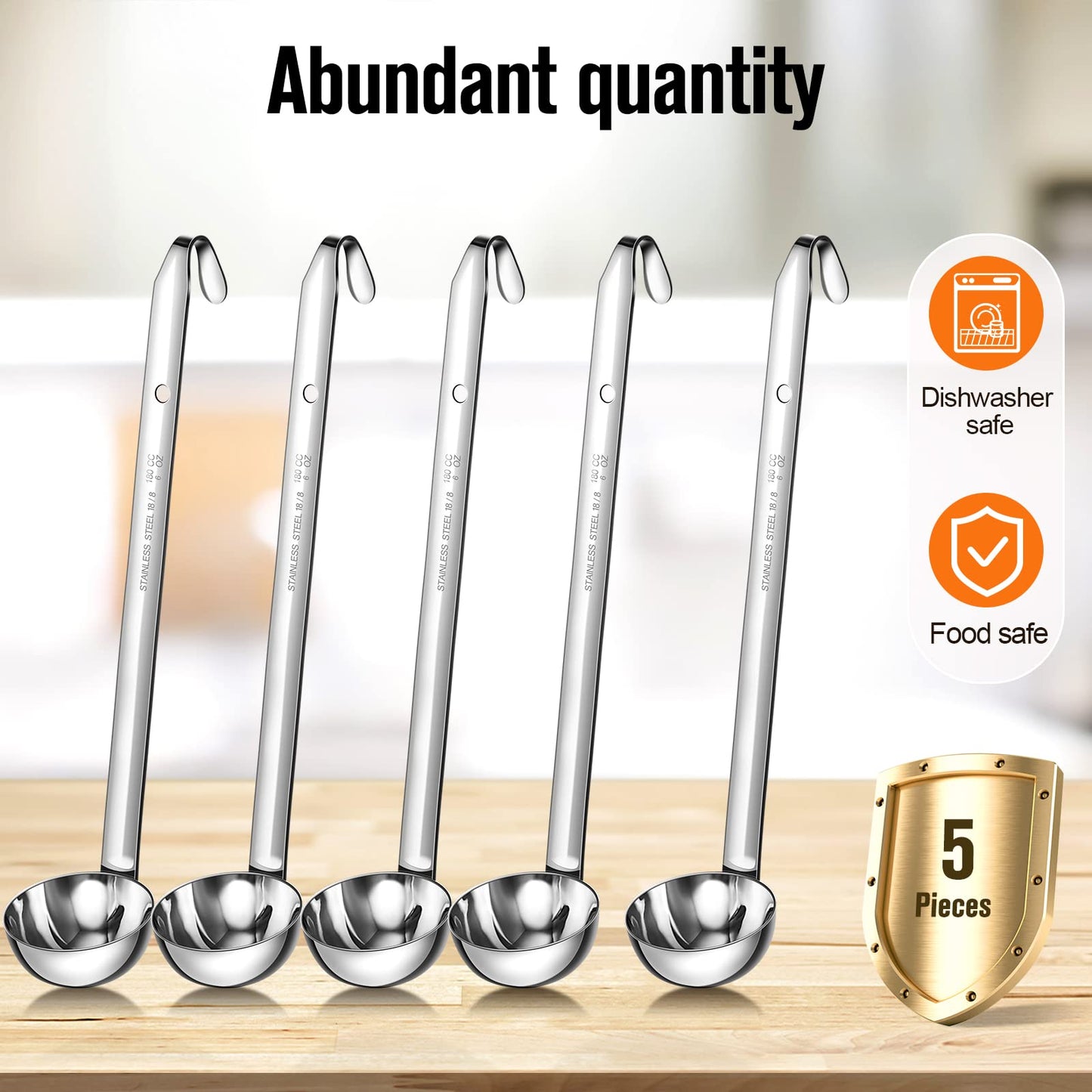 Cunhill 5 Pcs Soup Ladles Stainless Steel Serving Ladles with Long Handle for Serving, Cooking, Stirring, Portioning Kitchen Restaurant Accessories(6 oz)