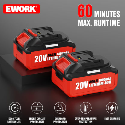 EWORK 20V Cordless Leaf Blower, Heavy Duty 700CFM 200MPH Electric Leaf Blower with 2 x 4.0Ah Batteries & Fast Charger, 2-Speed Adjustable for Patio, Garden, Yard and Snow Blowing