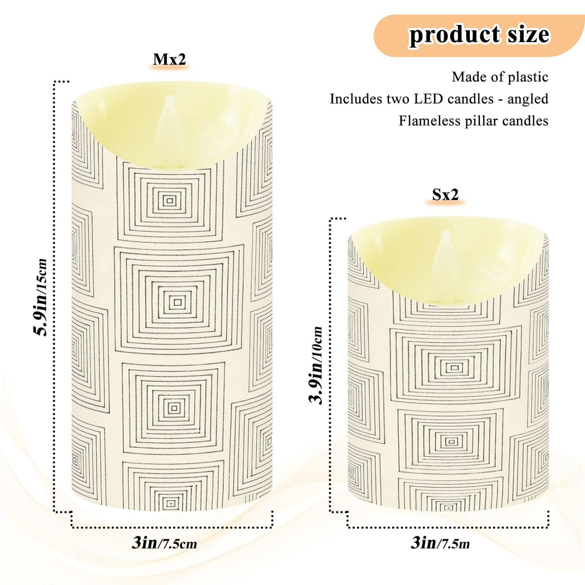Gravopti Square Lines 2 Pack Flameless LED Pillar Candles with Remote & Timer, Battery Operated, Flickering Wax Candle for Wedding, Romantic Home & Party Decor