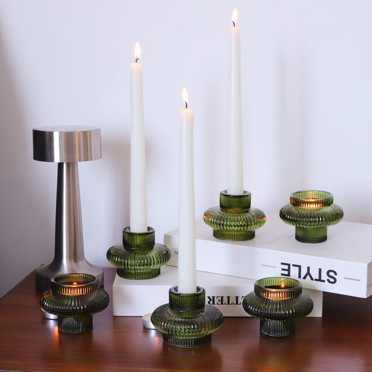 VOHO Green Candle Holder Decor for Dining Table Centerpiece, Ribbed Taper Candle Holders Versatile for Candle Sticks and Tea Lights Candles, Holiday Candlestick Holders Gifts for Friends(Set of 6)