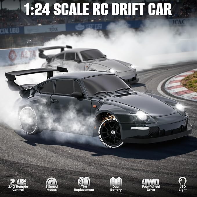 RC Drift Car1:24 Scale Remote Control Car 2.4GHz 20KM/H 4WD High Speed RC Cars for Kids with LED Light Two BatteriesDrifting TiresRacing Vehicle Toy for Adults Boys Girls Gray