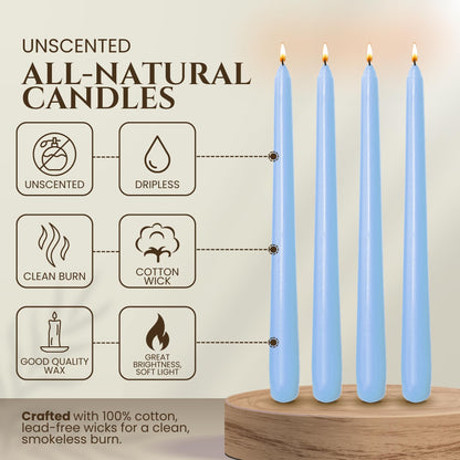 Axiom Candles - 10 Inch Dripless - Unscented Smokeless Tall Candle Sticks - 9 Hour Burn Time - Tapered Candles for Home, Dinners, Weddings, Parties (Taper Candle, Baby Blue, Pack of 10)