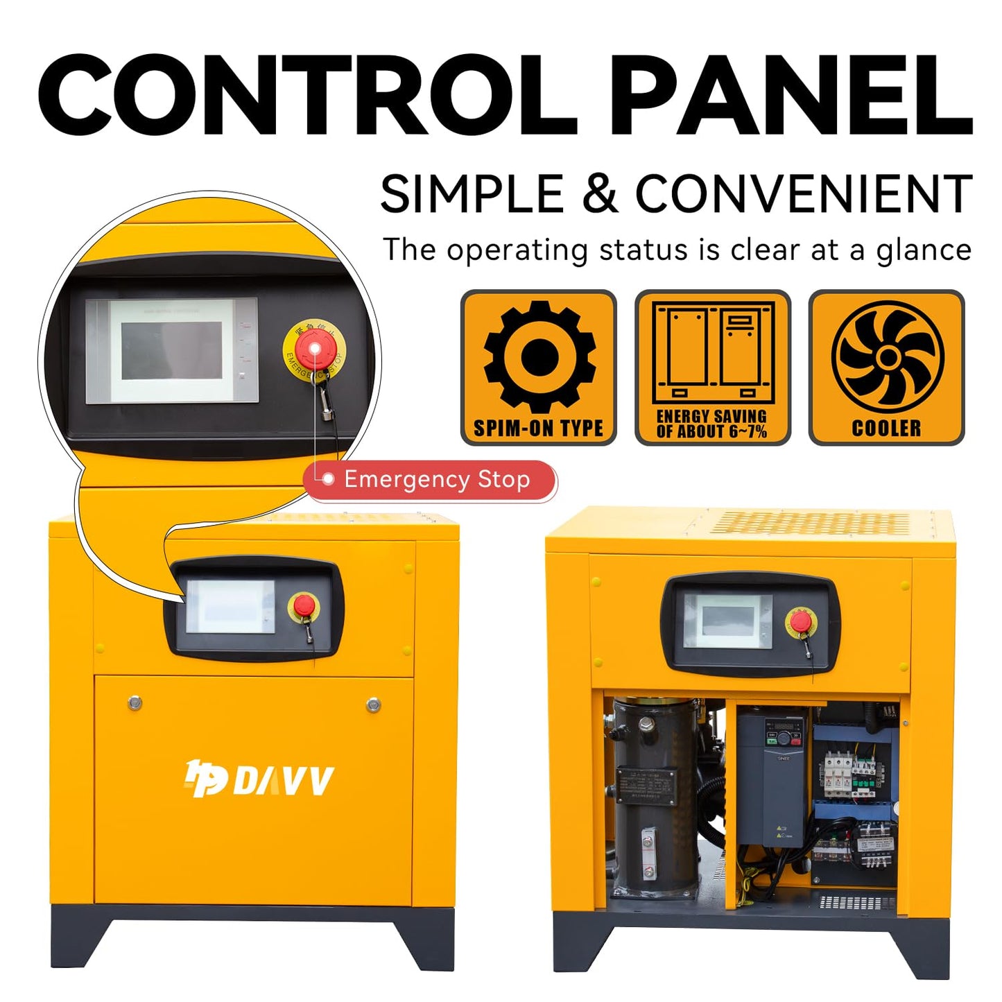 208-230V Universal Variable Frequency Motor Rotary Screw Air Compressor - 10HP/7.5KW Single/Three-phase compatible - 39CFM@115PSI Base Mounted Commercial Air Compressed System