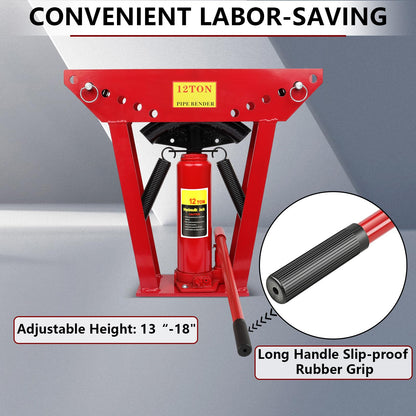 Hydraulic Pipe Bender, 12 Ton Manual Copper Pipe Bender, 90°-180° Adjustable Rollers Hydraulic Tubing Bender with 6 Dies for Steel Iron Metal Ratcheting