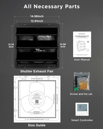 InoKraft Shutter Exhaust Fan with Wireless Control Panel, 12'' Wall Mount Attic Fan with Temperature Controller, 1500 CFM, 8-Speed Adjustable, Ventilation for Attic, Garage, Greenhouse, Chicken Coop