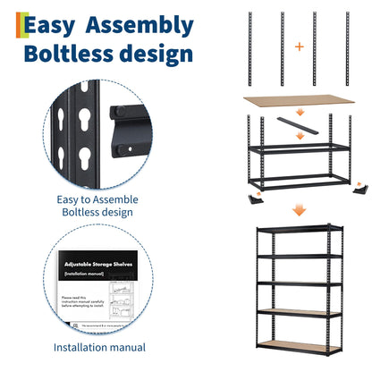 Garage Storage Shelves 5 Tiers, Heavy Duty Storage Shelving Racks with 2500 LBS Capacity, 48 " L x 24 in W x 72 in H Metal Adjustable Shelving Unit for Kitchen Pantry Basement Bathroom Laundry
