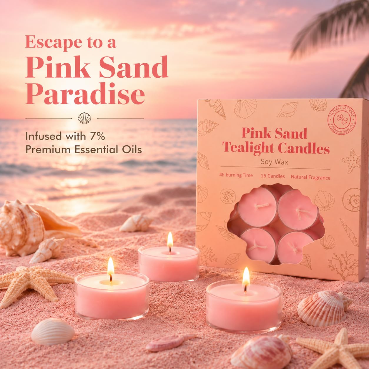 16Pcs Pink Sand Scented Tealight Candles, Pink Soy Wax Tea Lights with Essential Oils, 4h Long Burning Tea Light Candles for Spa, Romantic Decor, Meditation, Dinner, and Home Decor
