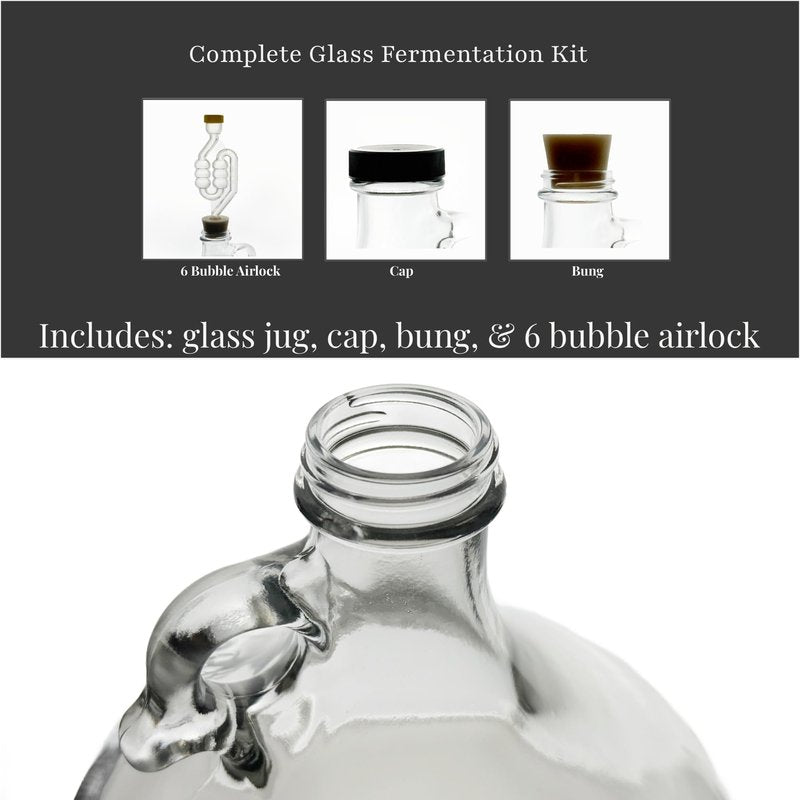North Mountain Supply - 1G-38-ST-TB-1 1 Gallon Glass Fermenting Jug with Handle, 6.5 Rubber Stopper, Twin Bubble Airlock, Black Plastic Lid (Set of 1)