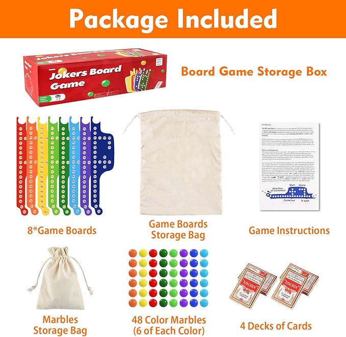 Colorful Jokers and Marbles Board Game Pegs and Jokers Card Game for 2-8 Players Double-Side Painted Solid Wooden Game Boards with 8 Color 48 Marbles 4 Decks of Cards