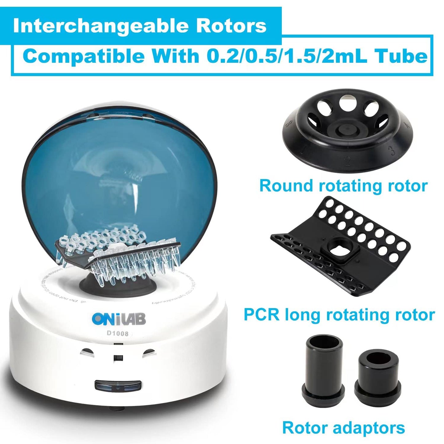 ONiLAB Scientific Mini Centrifuge 5000RPM,1360 x g RCF, Lab Benchtop Centrifuge with 2 Rotors for 8 x 0.2/0.5/1.5/2.0ml and 0.2mL×32 PCR Strips, Low Noise≤45dB, 100-240V,Blue lid(ONLY for MICROTUBES)