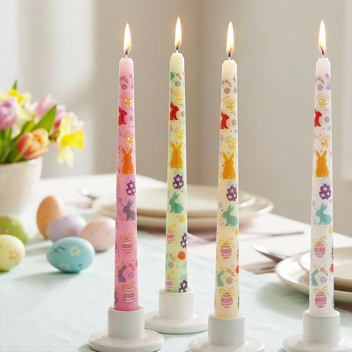 FYBW 4 Pack Easter Printed Taper Candles, 10" Long Decorative Candles with Spring Bunny & Egg Design Decorative Candles for Easter Table & Home Decor