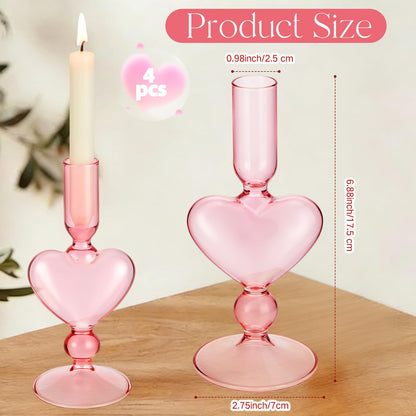 Teecyhooo 4pcs Valentine's Day Candle Holder 7" Heart Glass Taper Candlestick Holder Valentines Heart Candle Stick Vase Decor for Wedding Party Table Centerpiece(Pink)