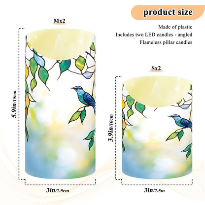 Flameless Candles Set of 2 Bird Leaf Stained Glass Realistic LED Candles with Remote Battery Operated Holiday Decorations