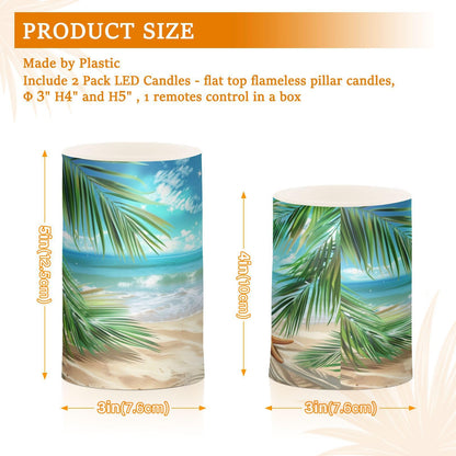 BOENLE Flickering Flameless Candles, Palm Leaves Starfish Beach LED Candles with Remote Timer, Set of 2 Battery Operated Candle for Valentine Wedding Birthday