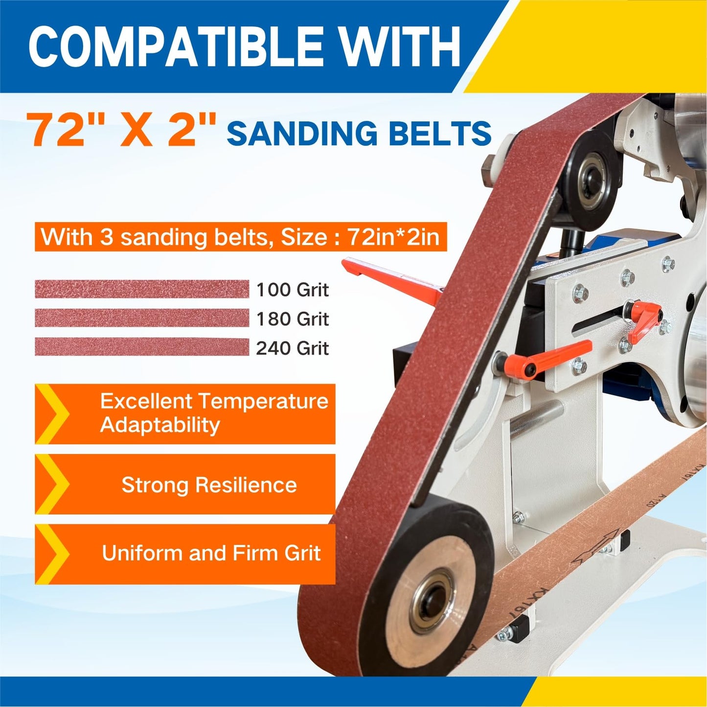 Belt Grinder Sander, 2x72 Inch Belt, 1500W Electric Motor with 2.2KW VFD, 2 sets of grinding kits with 3 grinding methods,Vertical and Horizontal operation includes 3 sanding belts.