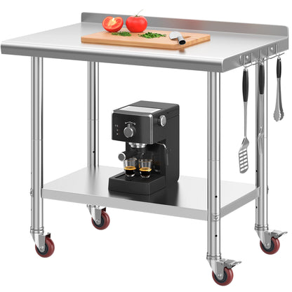 YITAHOME 36" x 24" Stainless Steel Table with Wheels for Prep & Work with Backsplash, NSF Metal Table Prep Table with Undershelf for Home Kitchen Restaurant Garage Warehouse