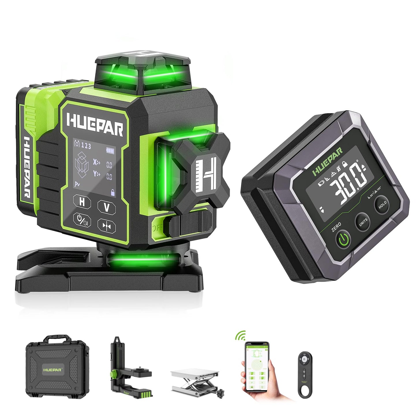 Huepar W04CG Laser Level 360 Self Leveling with Digital Angle Finder Digital Angle Gauge, Laser Class: Class II (IEC/EN60825-1/2014), 1mW power output