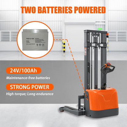 Tory Carrier Full Electric Walkie Stacker Material Lifts with Straddle Legs 98 inches Lifting Height with Adjustable Forks 3300lbs Capacity