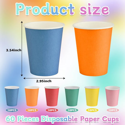 HIKIMA 60 Pcs 9 Ounce Party Cups, Colorful Disposable Paper Cups, Drinking Cups for Party BBQ Travel DIY Snack Picnic and Event 6 Colors