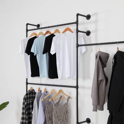 EDCB Wall Mounted Industrial Pipe Clothing Rack Garment Racks Pipeline Vintage Rolling Rack On Wall, Heavy Duty Rustic Gold Metal Garment Frame for Bedroom, Living room (Black)