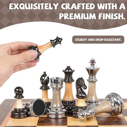 Luxury Large Chess Set 17 Inch Wooden Chess Board with Metal and Acrylic Chess Pieces 3.5 King 2 Extra Queens Foldable Tournament Chess Set for Adults and Kids Gift Display Chess Game Collection